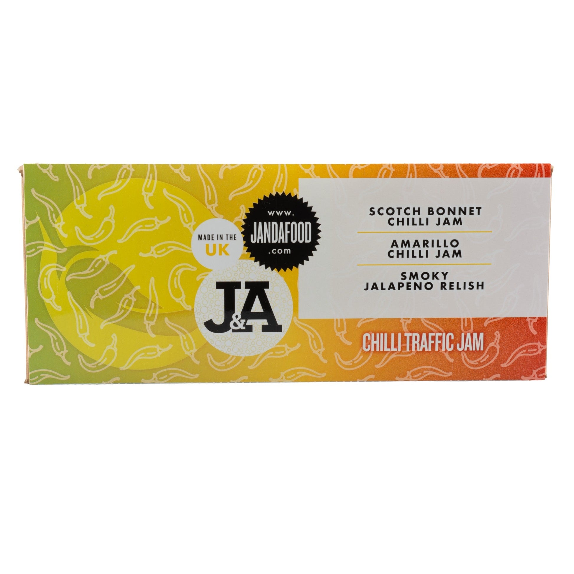 Janda Traffic Chilli Jam Gift Box with three fiery chilli jams and relishes in a decorative gift box.