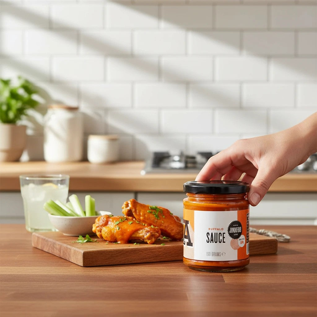 Janda Food Buffalo Sauce bottle with label, showcasing bright orange buffalo sauce in a glass jar.