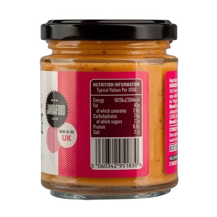 Janda Food vegan burger sauce in a glass jar with nutritional information and barcode label