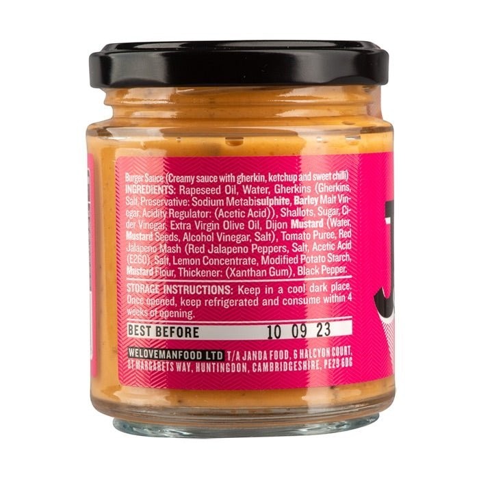 Janda Food vegan burger sauce in a glass jar with a pink label showing ingredients and nutritional information