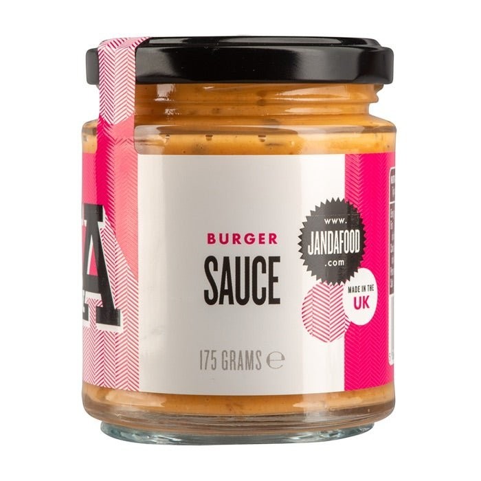 Janda Food vegan burger sauce in a 175g glass jar with a pink and white label, made in the UK.