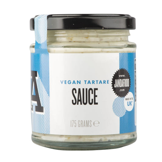 Jar of Janda Food Vegan Tartare Sauce showing the label and transparent jar with creamy tartare sauce inside.