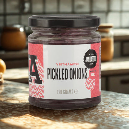 Janda Vietnamese Pickled Onions in red wine vinegar, sliced red onions in a jar, ideal for Banh Mi sandwiches.
