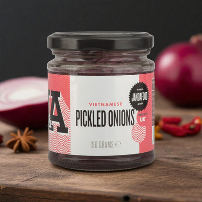 Janda Vietnamese Pickled Onions in a jar, sliced red onions in spiced red wine vinegar, ideal for Banh Mi sandwiches.