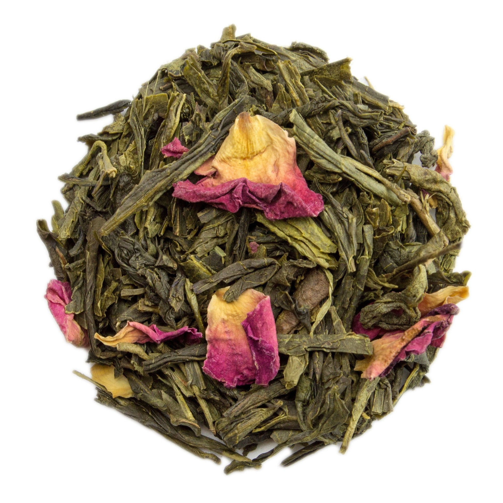 Japanese-style Cherry Sencha Green Tea from PekoeTea Edinburgh, showing fresh green tea leaves with cherry blossoms.