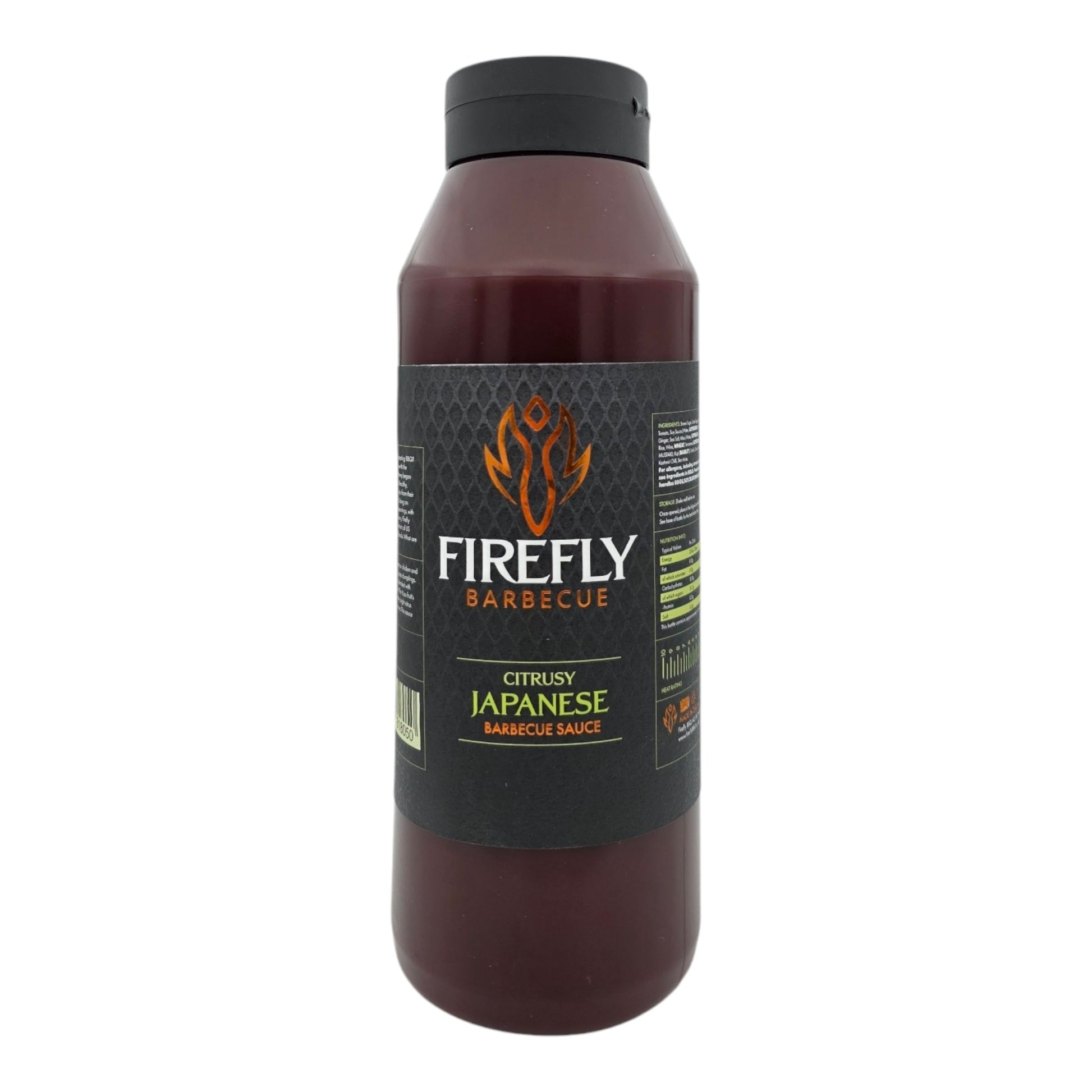 Bottle of FireFly Barbecue Japanese BBQ Sauce showing the label and dark brown sauce inside the 1-liter bottle.
