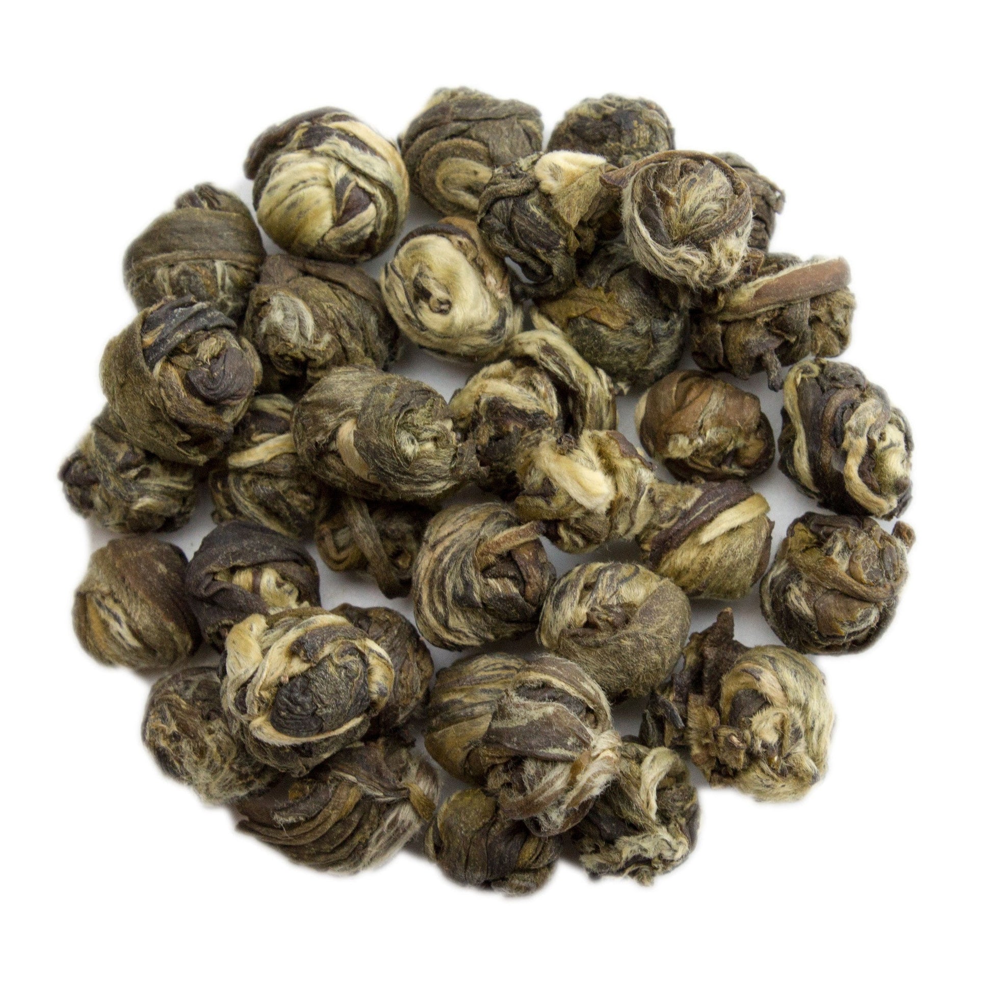 Fresh jasmine pearl green tea leaves from PekoeTea Edinburgh, showcasing tightly rolled green tea pearls with jasmine blossoms.