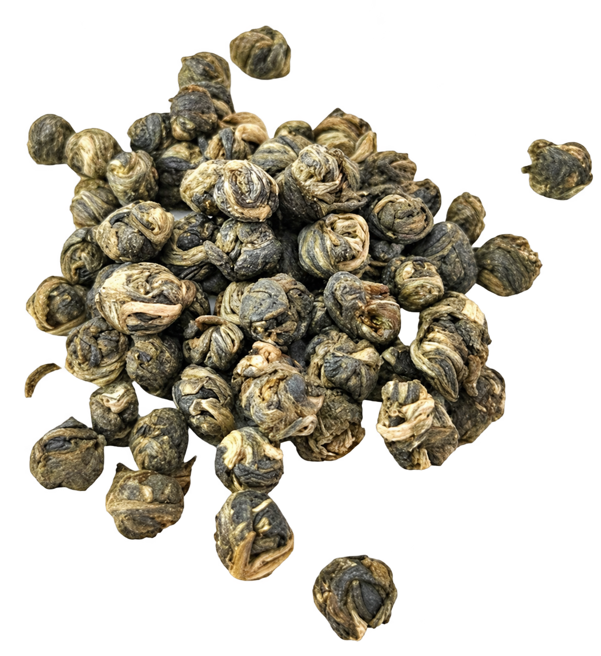 Porter Hill Tea Company Jasmine Dragon Pearls green tea leaves and jasmine blossoms in a transparent container.