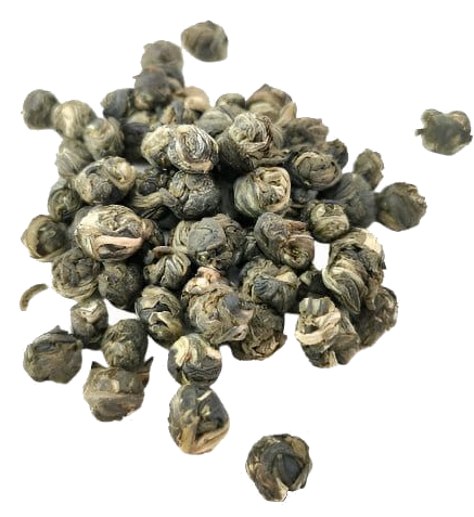 Green tea Jasmine Dragon Pearls from Porter Hill Tea Company, close-up of fragrant curled tea pearls in a transparent container.