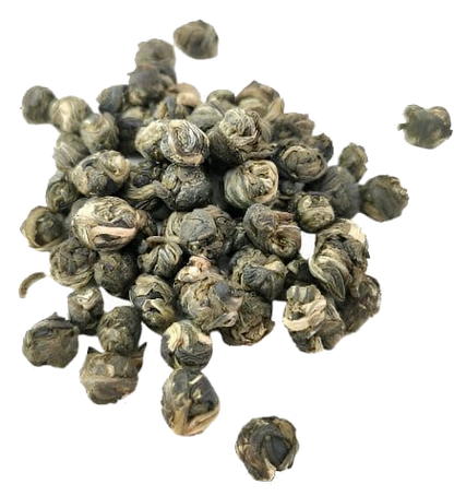 Green tea Jasmine Dragon Pearls from Porter Hill Tea Company, close-up of fragrant curled tea pearls in a transparent container.