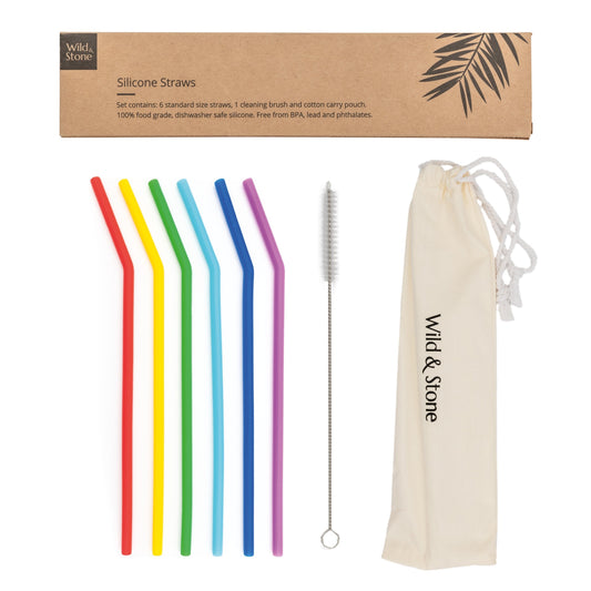 Set of six reusable silicone drinking straws in various colors by Wild And Stone, flexible and eco-friendly for beverages.