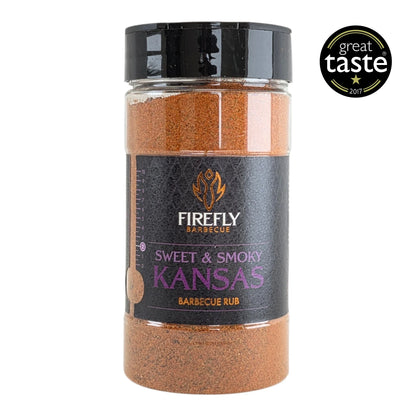 FireFly Barbecue Kansas Sweet & Smoky BBQ Rub jar with label, highlighting award recognition for flavorful seasoning.