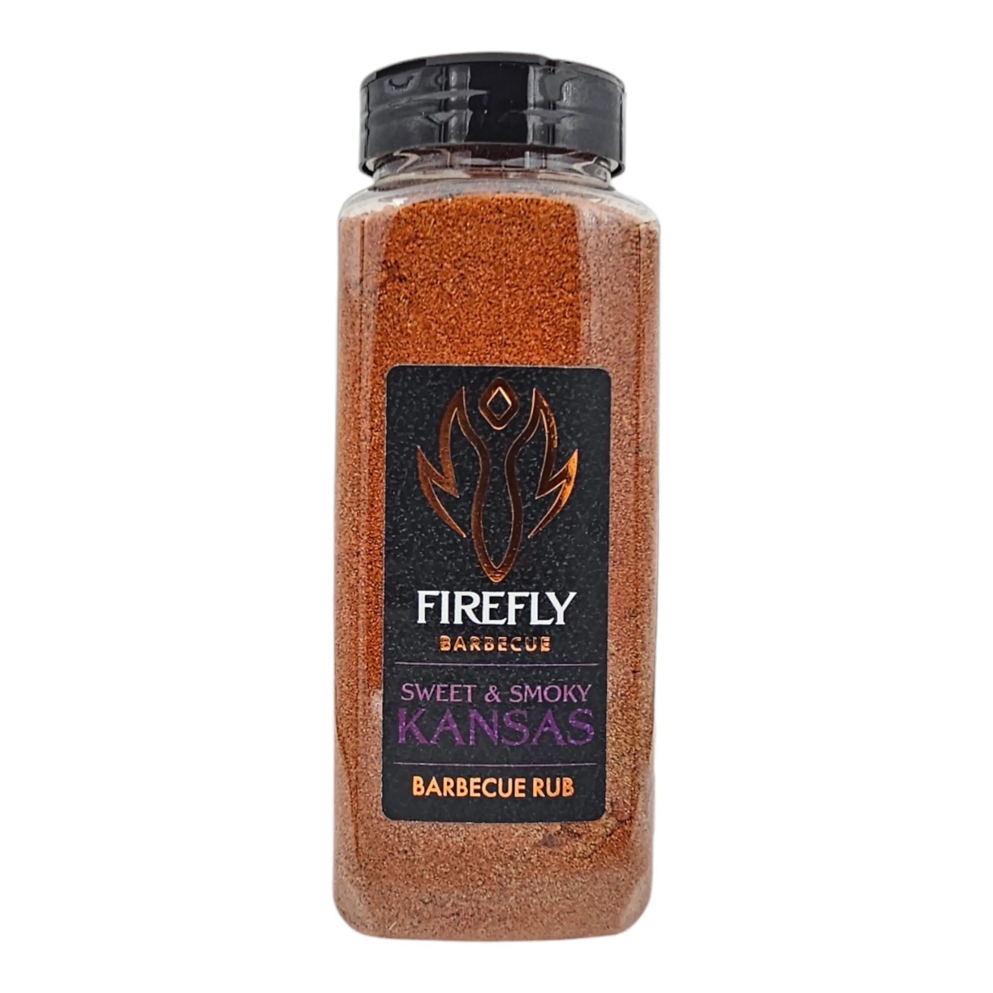 FireFly Barbecue Kansas Sweet & Smoky BBQ Rub jar with label, showcasing the flavorful spice blend for grilling and smoking.