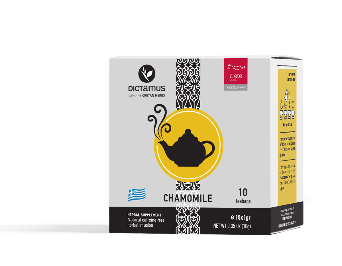 Greek Chamomile tea bags from The Greek Deli Club, featuring a box of 10 tea bags with chamomile flowers on the packaging.