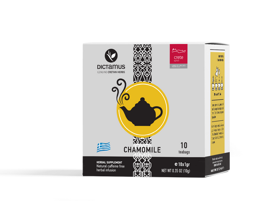 Greek Chamomile tea bags from The Greek Deli Club, featuring a box of 10 tea bags with chamomile flowers on the packaging.