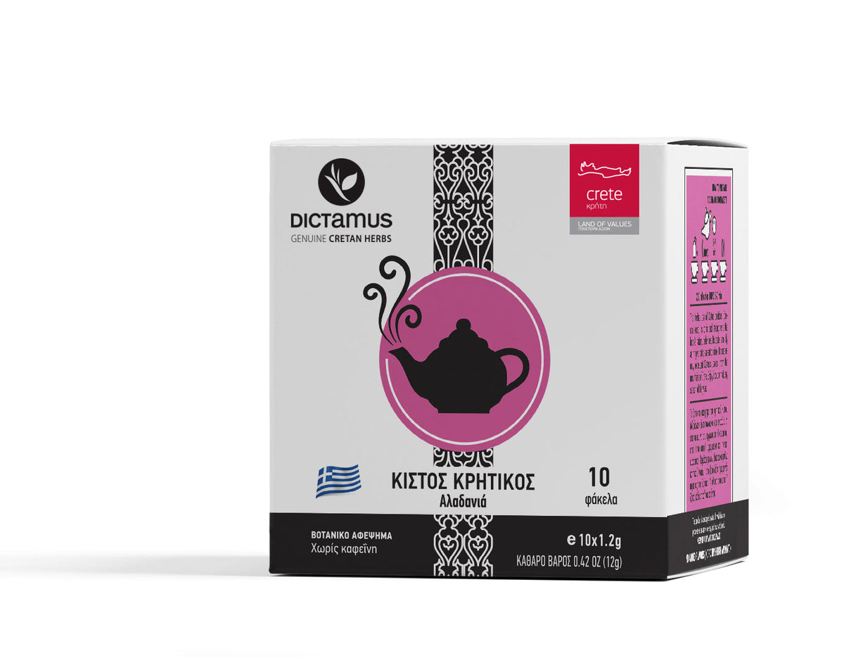Cretan Cistus tea bags from The Greek Deli Club, featuring a box of 10 tea bags with fresh Cretan Cistus herbs and natural packaging.