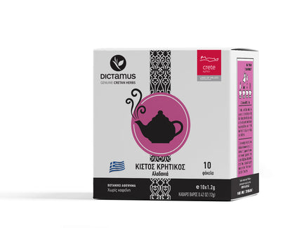 Cretan Cistus tea bags from The Greek Deli Club, featuring a box of 10 tea bags with fresh Cretan Cistus herbs and natural packaging.