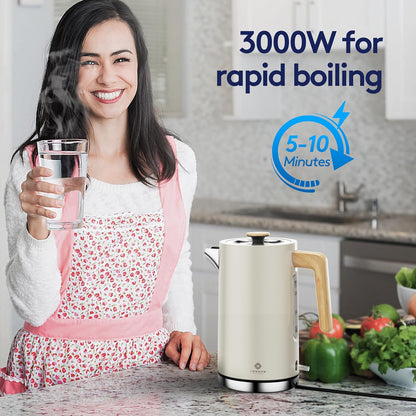 Stainless Steel Fast Boil Kettle, Cordless Kettles Electric, 3KW Quiet Boil Kettle, White Wood Effect Electric Tea Kettle, Water Kettle