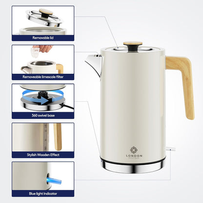 Stainless Steel Fast Boil Kettle, Cordless Kettles Electric, 3KW Quiet Boil Kettle, White Wood Effect Electric Tea Kettle, Water Kettle