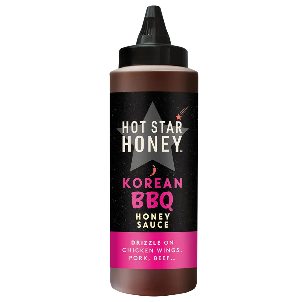 Hot Star Honey Korean BBQ Honey Sauce bottle, rich and savory BBQ sauce with a honey glaze, perfect for grilling and dipping.