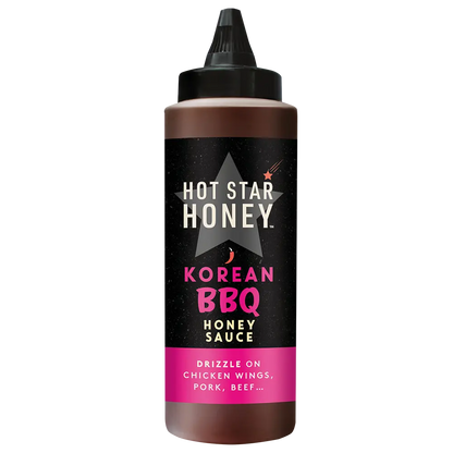 Hot Star Honey Korean BBQ Honey Sauce bottle, rich and savory BBQ sauce with a honey glaze, perfect for grilling and dipping.