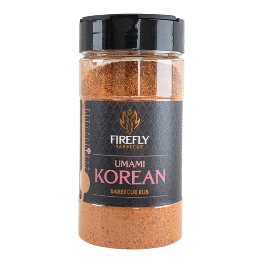 FireFly Barbecue Korean UMAMI BBQ Rub jar, close-up of the spice blend with vibrant label and seasoning granules visible