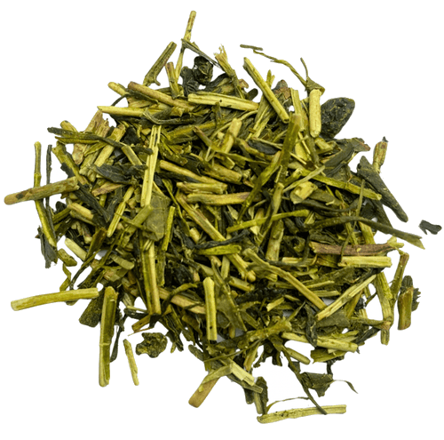 Clear image of Porter Hill Tea Company's Kukicha green tea in a transparent container, showcasing the tea leaves.