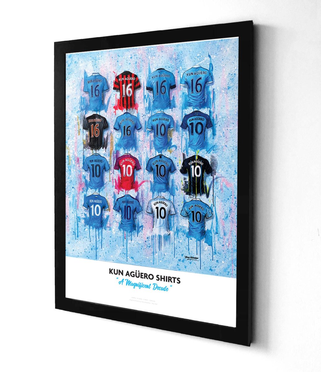 Limited edition A3 framed print of Kun Aguero scoring for Manchester City, created by Terry Kneeshaw Art.