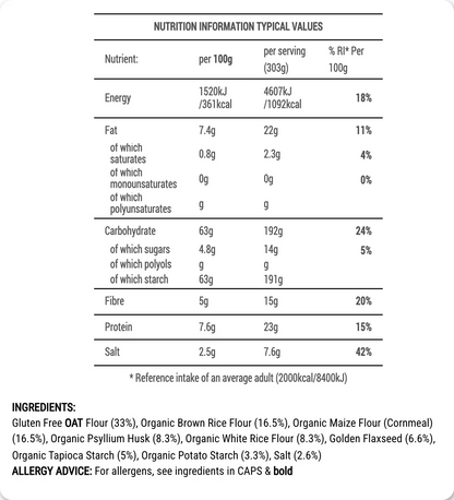 Simple Bake gluten-free oat bread premix label showing product name and ingredients in natural, clear font.