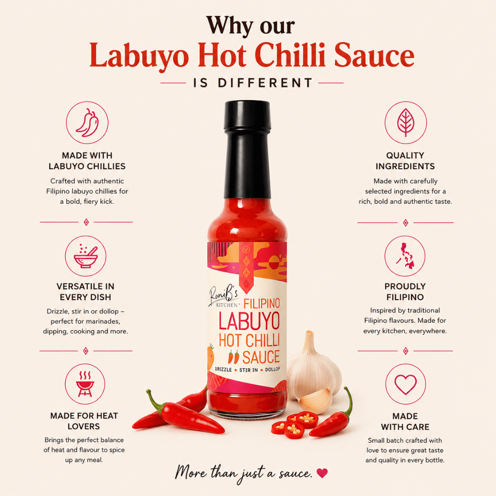 Filipino Style Labuyo Hot Chilli Sauce by RoniBs Kitchen, featuring a clean labuyo chili pepper with product info.