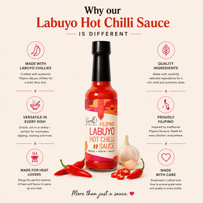 Filipino Style Labuyo Hot Chilli Sauce by RoniBs Kitchen, featuring a clean labuyo chili pepper with product info.