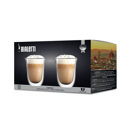 Brew Italia Firenze double-walled glass coffee cups set of two, showcasing clear double-wall design ideal for hot beverages.