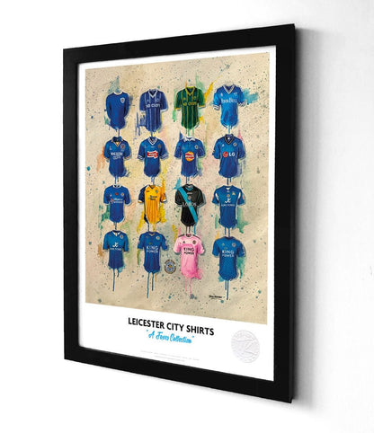 Limited edition Leicester City A3 framed print featuring iconic Foxes shirt wall art by Terry Kneeshaw Art.