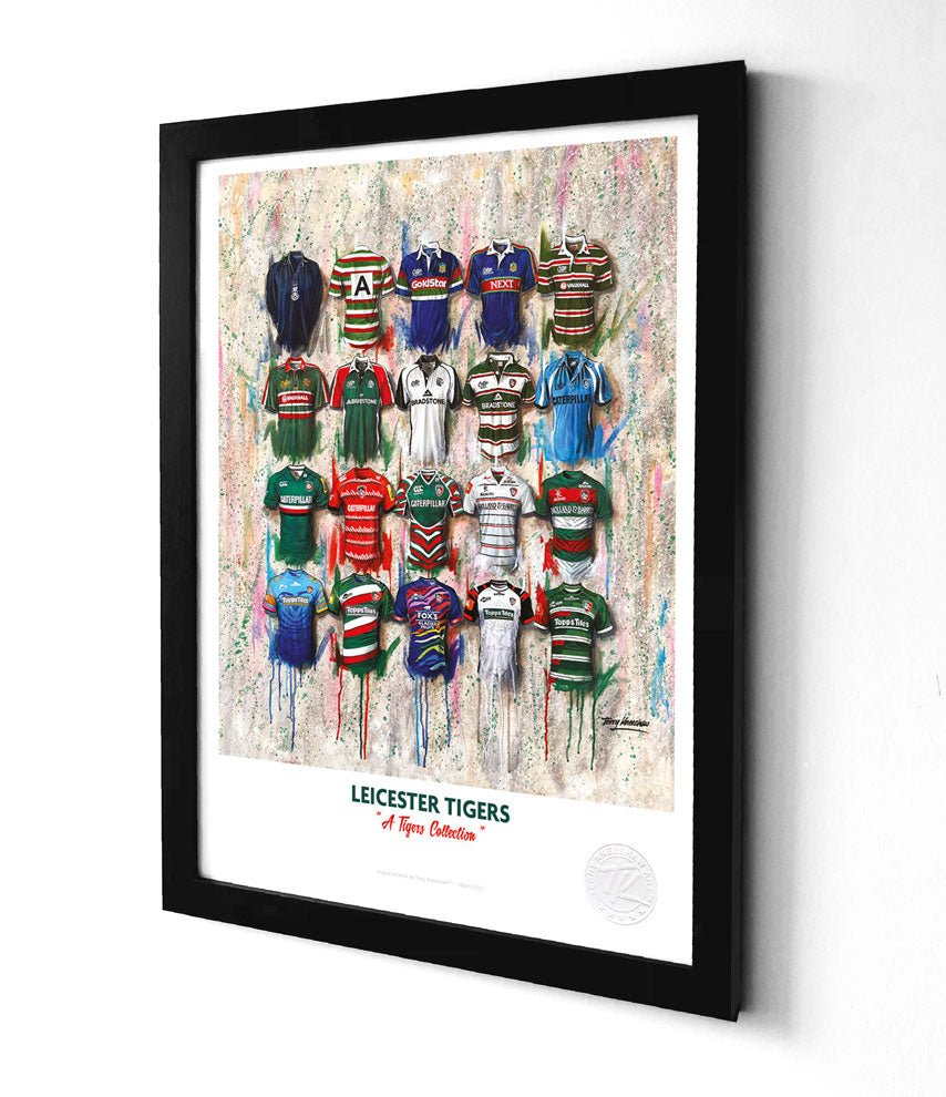Limited edition A3 framed print of Leicester Tigers rugby shirt wall art by Terry Kneeshaw Art.