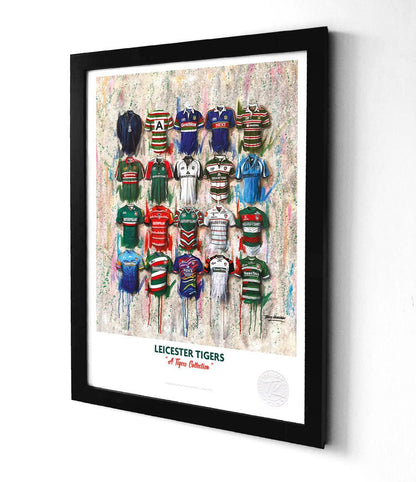 Limited edition A3 framed print of Leicester Tigers rugby shirt wall art by Terry Kneeshaw Art.