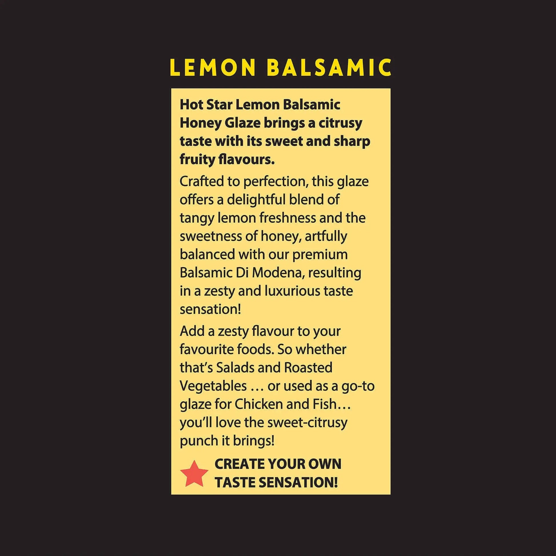 Hot Star Honey Lemon Balsamic Honey Glaze bottle with label showing ingredients and branding.