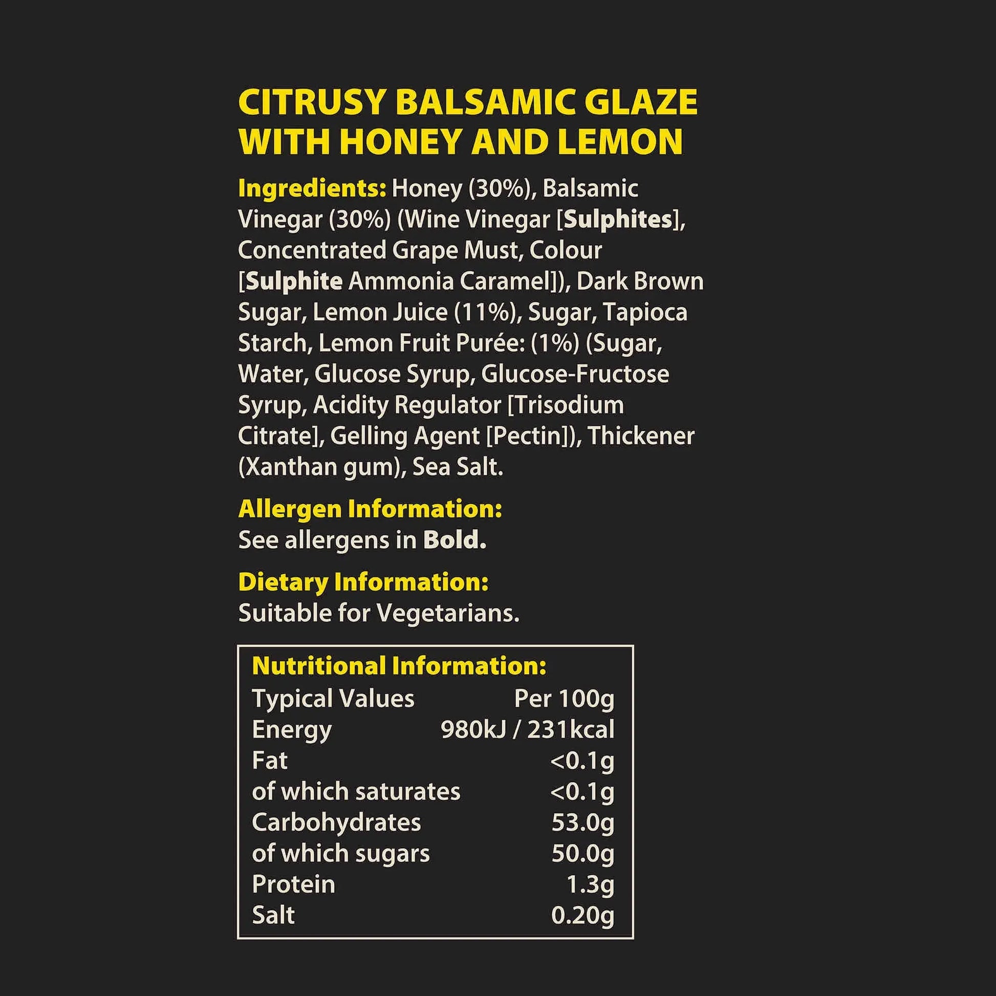 Hot Star Honey Lemon Balsamic Honey Glaze bottle with lemon and balsamic label, showcasing nutritional information on the label.