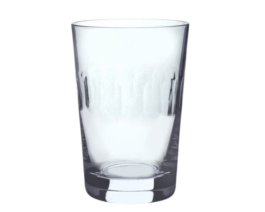 Crystal tumblers with lens design by The Vintage List, featuring transparent glass and intricate lens pattern on the surface.