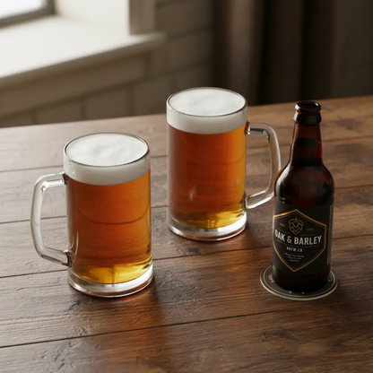 Large straight-sided glass tankard by Glassware UK, 670ml capacity, shown on a pub table with a flat-lay view.