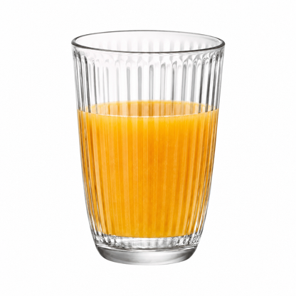 Set of six Bormioli Rocco Line Long Glasses with 390ml capacity, filled with orange juice, featuring a sleek design.