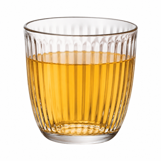 Bormioli Rocco Line whisky tumbler with 290ml capacity filled with apple juice, clear glassware for drinks.