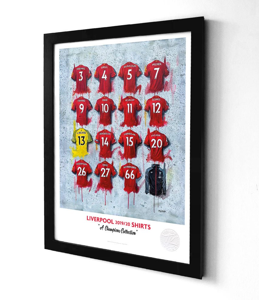 Limited edition Liverpool 19/20 Champions A3 framed print by Terry Kneeshaw Art featuring iconic Liverpool FC shirts wall art.