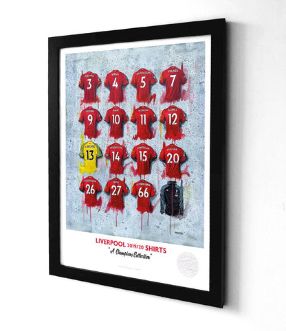 Limited edition Liverpool 19/20 Champions A3 framed print by Terry Kneeshaw Art featuring iconic Liverpool FC shirts wall art.