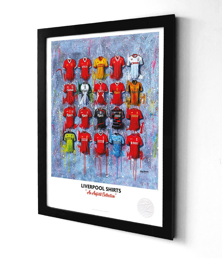 Limited edition Liverpool Anfield football A3 framed print by Terry Kneeshaw Art, showcasing iconic match scene in detailed artwork.