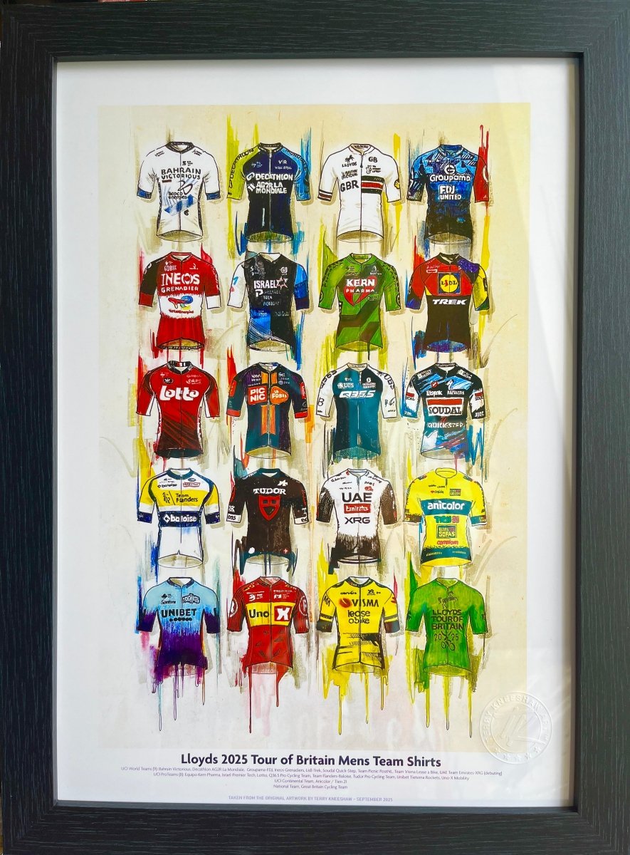 Limited edition framed A3 print of Lloyds Tour of Britain 2025 cycling shirts by Terry Kneeshaw Art showing vibrant cycling jersey designs.