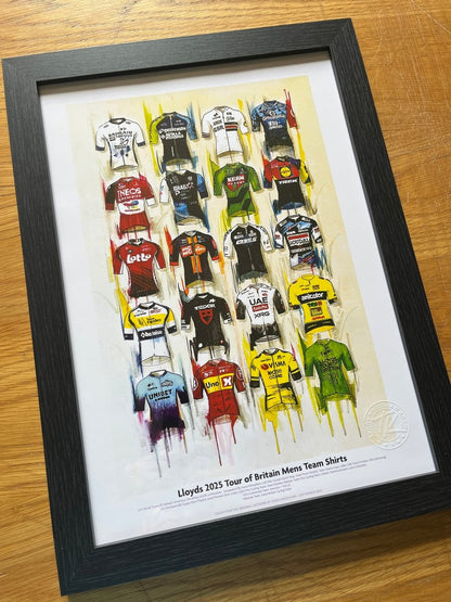 Limited edition framed A3 print of Lloyds Tour of Britain 2025 cycling shirts by Terry Kneeshaw Art, showcasing vibrant cycling apparel.