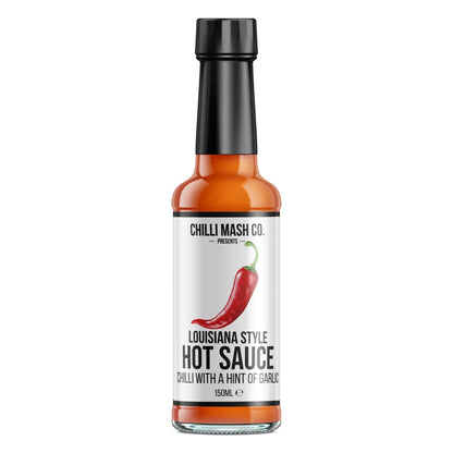 Louisiana Style Hot Sauce by Chilli Mash Co. in a 150ml bottle, featuring vibrant red chili mash and spicy sauce in a glass bottle.