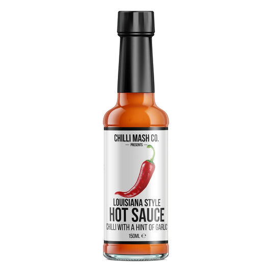 Louisiana Style Hot Sauce by Chilli Mash Co. in a 150ml bottle, featuring vibrant red chili mash and spicy sauce in a glass bottle.