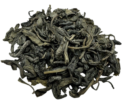 Porter Hill Tea Company Lucky Dragon Hyson green tea leaves in a clear container, showcasing the light green, rolled tea leaves.