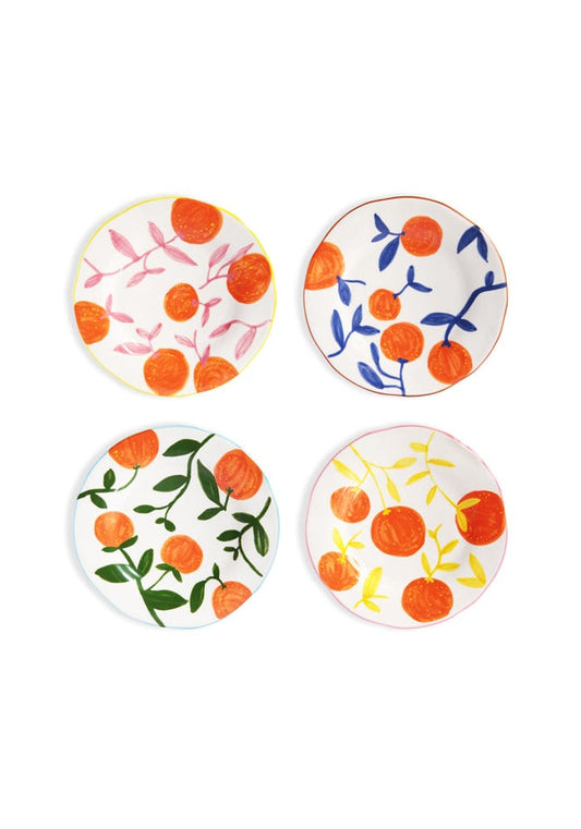 Set of four Casa by Josephine Jenno Twig Oranges lunch plates with a vibrant orange and twig pattern.